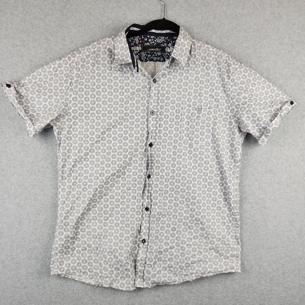 Coastal Mens XL Short Sleeve Button Down Shirt Navy White Geometric Print Cotton